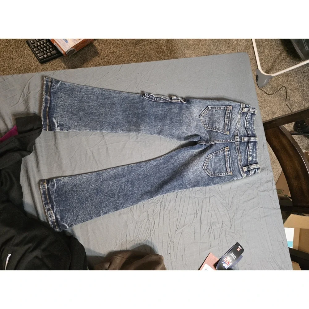 Fashion Nova Kids Girls Cargo Flare Jeans Size 4 Blue Acid Wash Utility Pockets